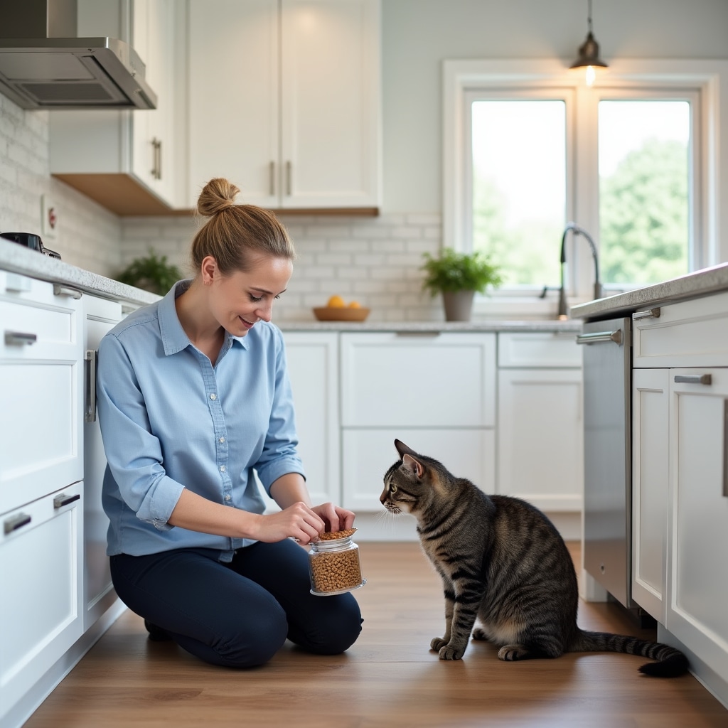 Professional pet sitter preparing food for cat during owner travel