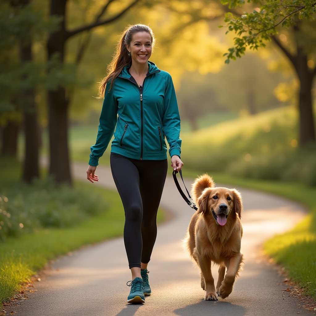 Professional dog walker with happy golden retriever on scenic park trail