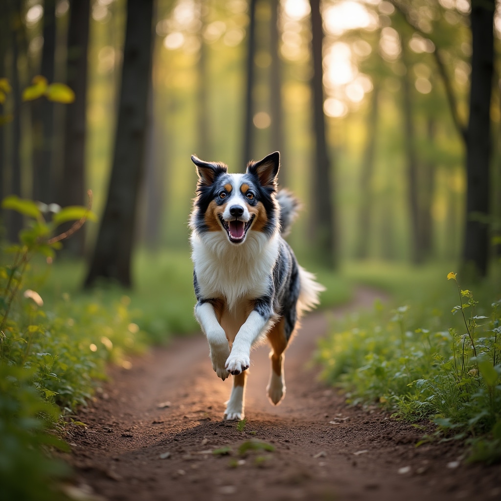 Happy dog running on forest trail during professional walk