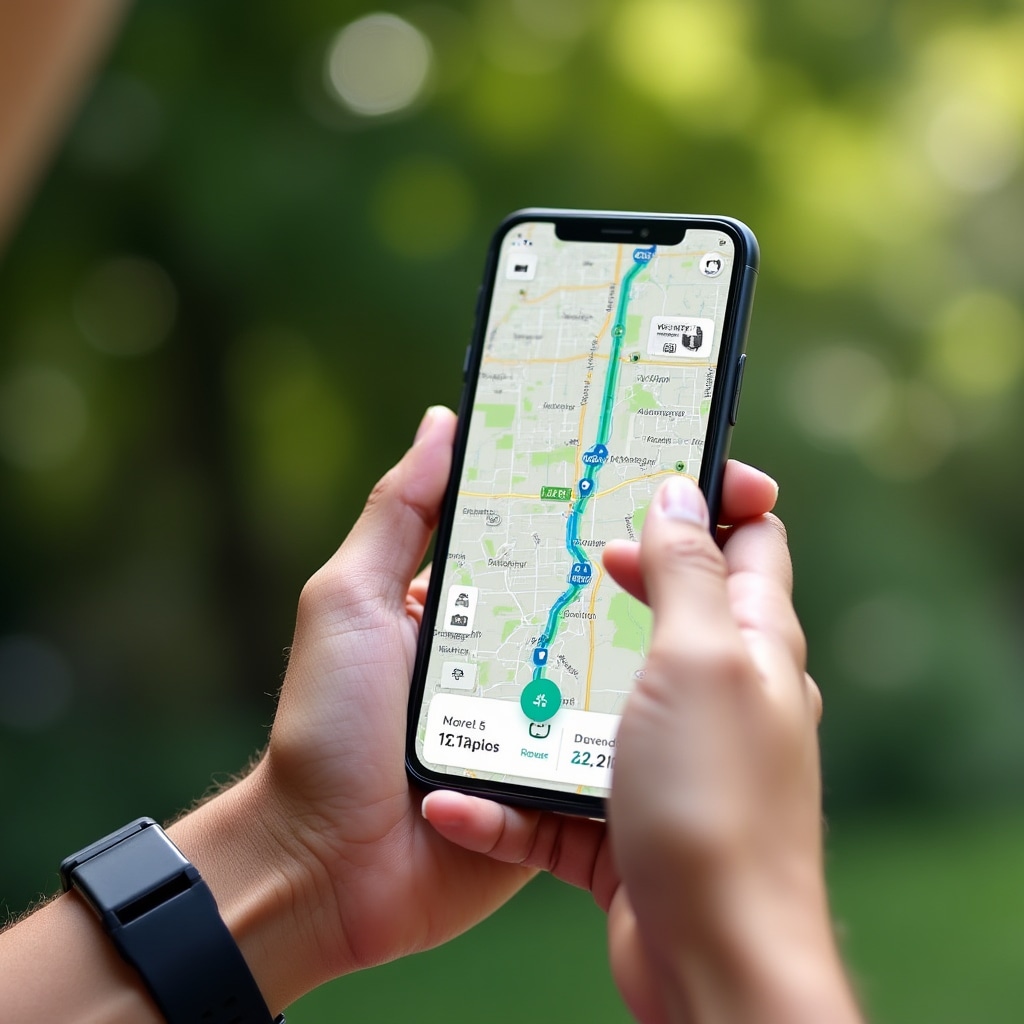 Mobile phone displaying GPS tracking interface with dog walk route map