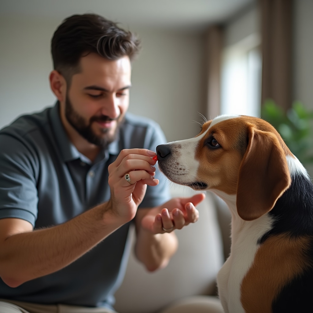 Trained pet care professional administering medication to dog
