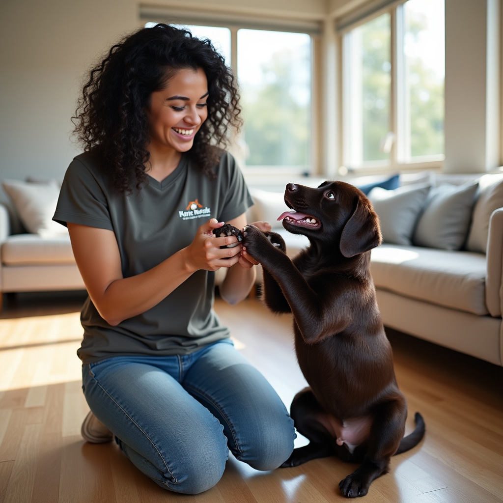 Young puppy playing with professional pet care specialist during visit