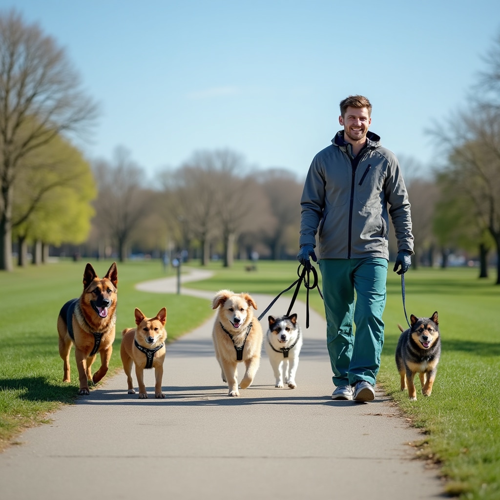 Professional walker managing multiple dogs safely on leashes in park setting